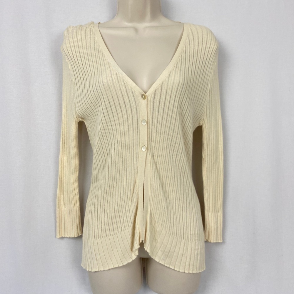 Its Our Time Cardigan Womens L Ivory Ribbed Semi Sheer Fitted Y2K 90s Neutral